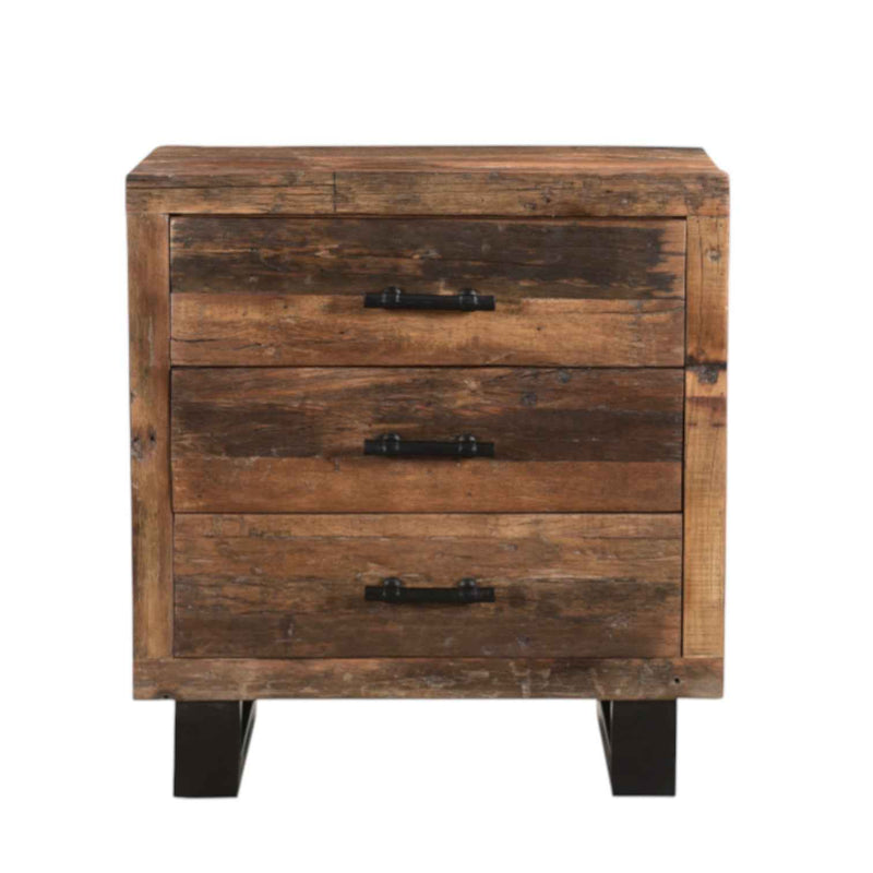 30" Dark Brown Solid Wood Distressed Three Drawer Nightstand