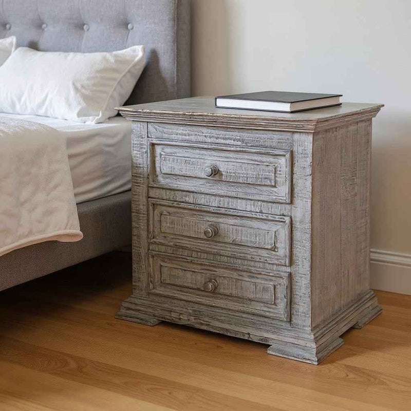 32" Gray Solid Wood Three Drawer Nightstand