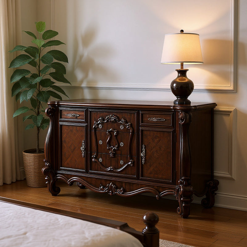 70" Cherry Oak Solid Wood Five Drawer Combo Dresser - Bed & Bath