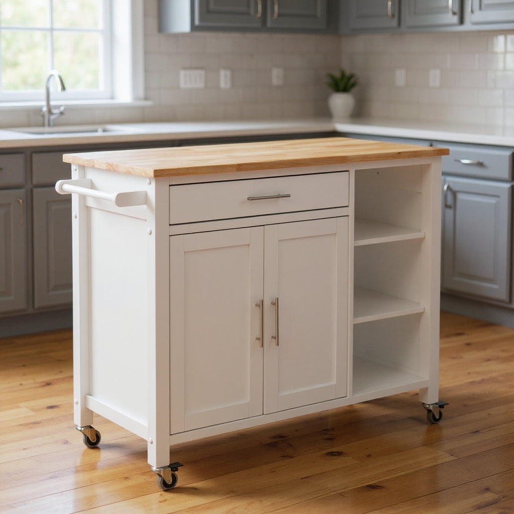 42" Natural and White Butcher Block and Iron Rolling Kitchen Cart With Storage - Kitchen & Dining