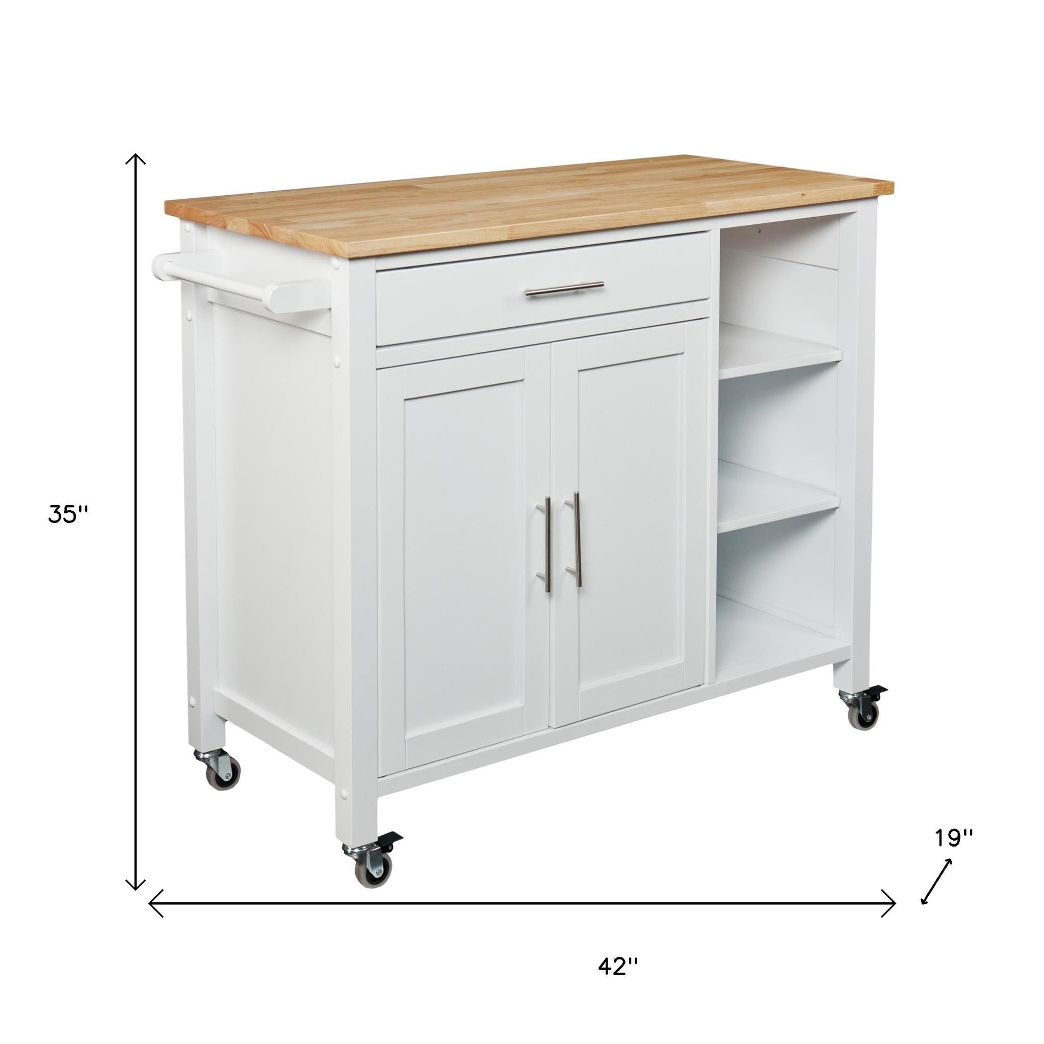 42" Natural and White Butcher Block and Iron Rolling Kitchen Cart With Storage - Kitchen & Dining