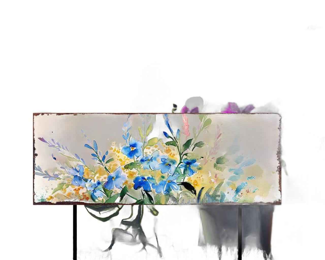 27" Blue White And Yellow Solid Wood Watercolor Floral Garden Stake