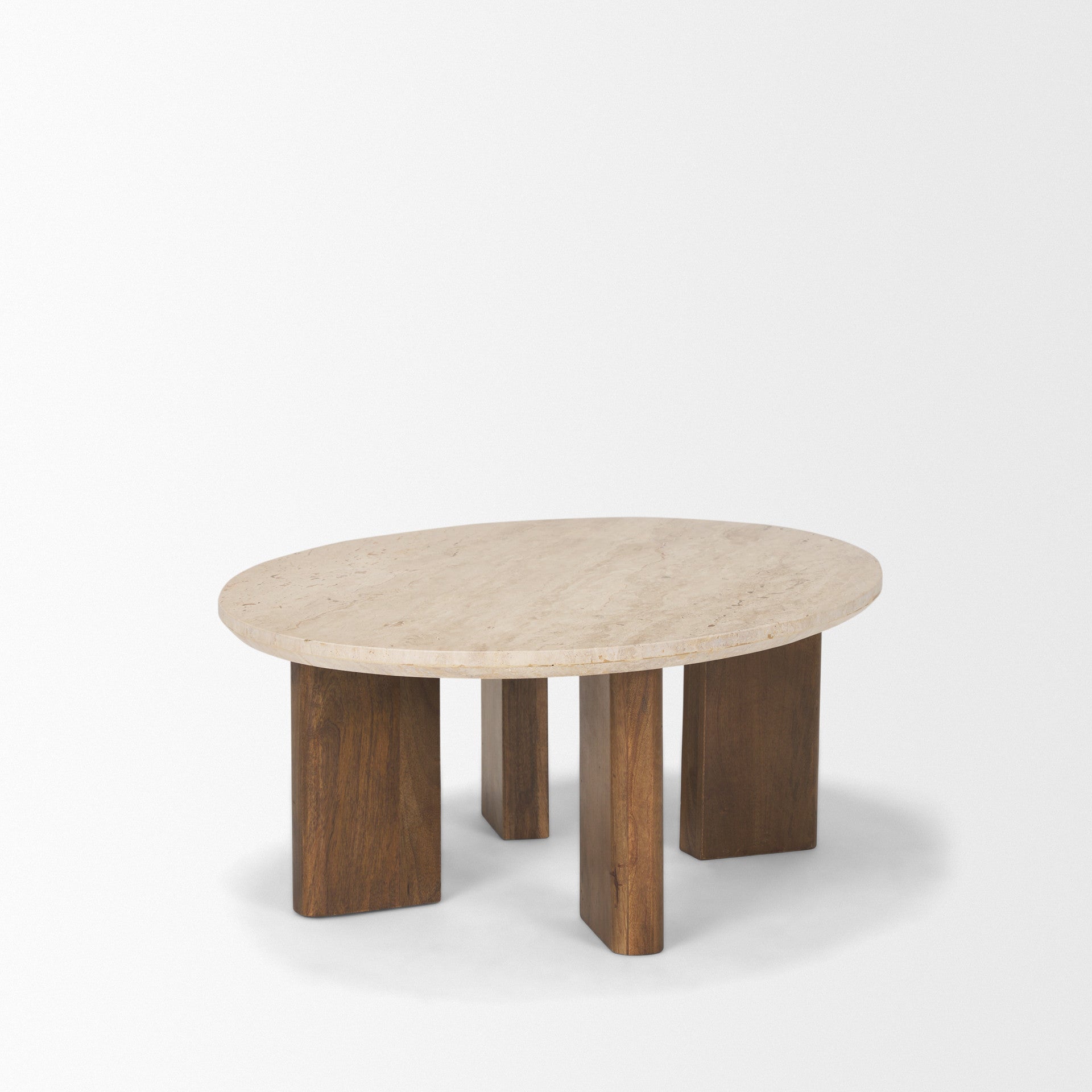 Oval coffee table with beige stone top and four brown wood legs