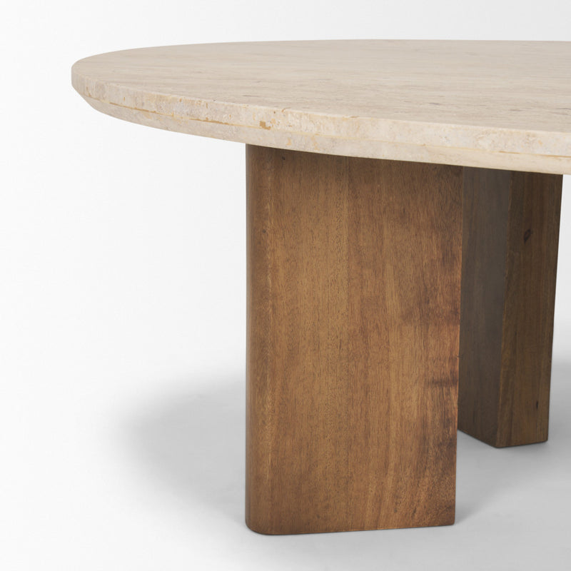 Beige oval stone coffee table with brown solid wood legs