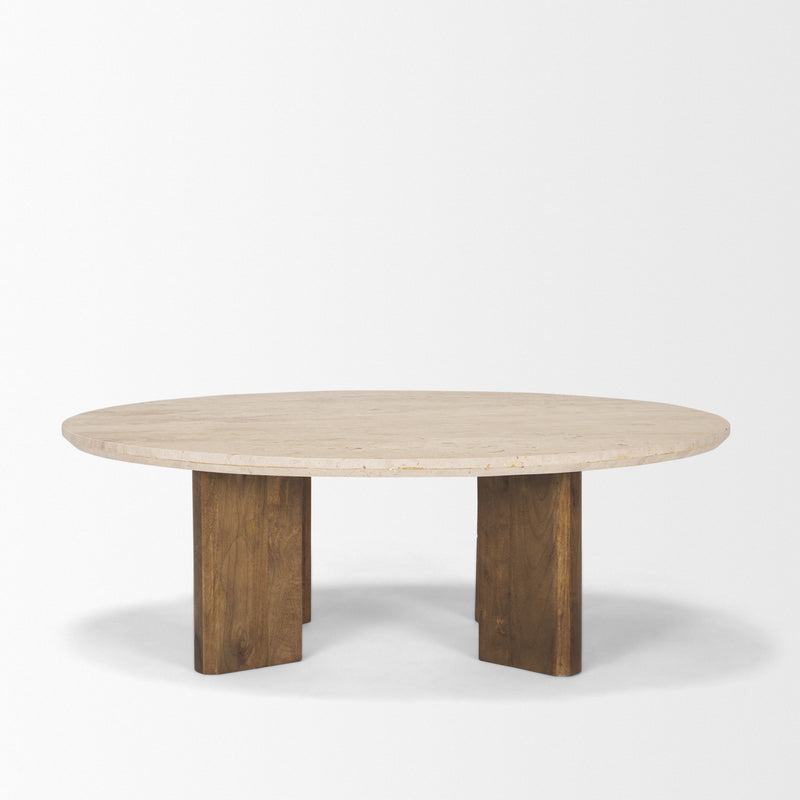 Oval stone and wood coffee table, beige top and brown legs