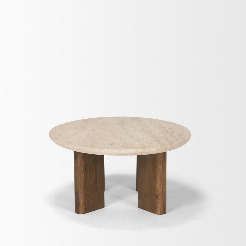 Beige oval stone coffee table with brown solid wood base
