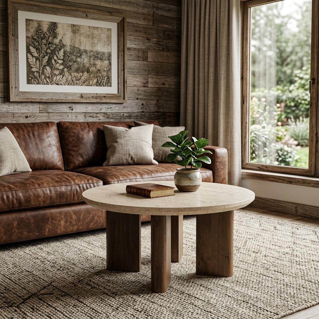 Oval stone coffee table with brown legs and smooth beige top