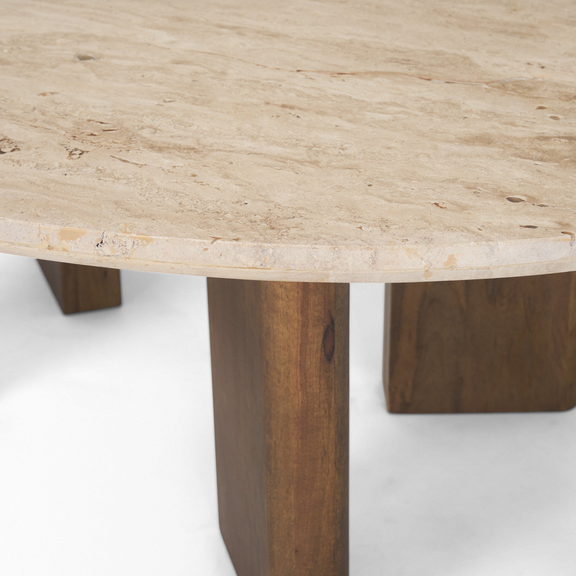 Beige stone tabletop corner with brown solid wood support legs