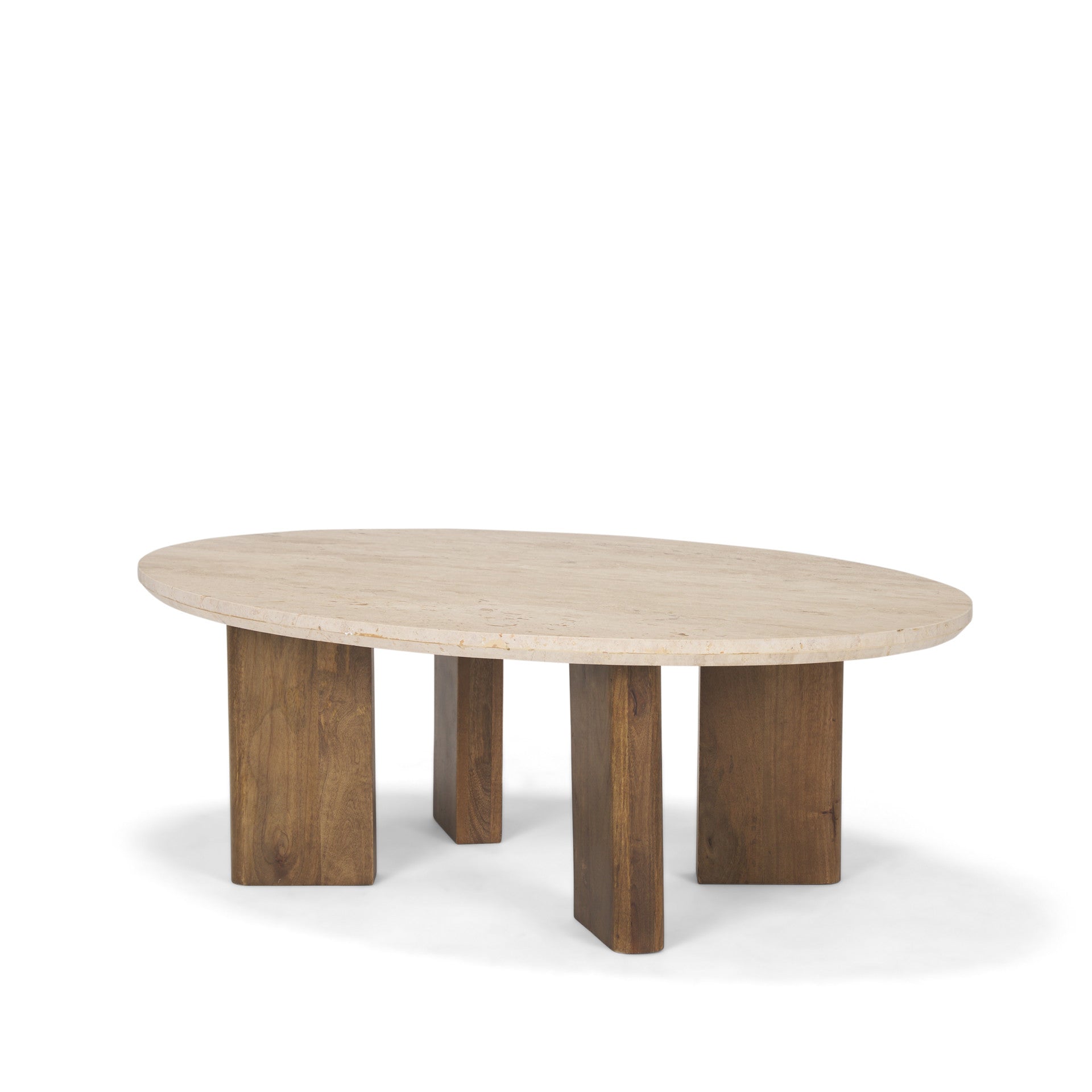 Beige oval stone coffee table with tapered brown wood legs