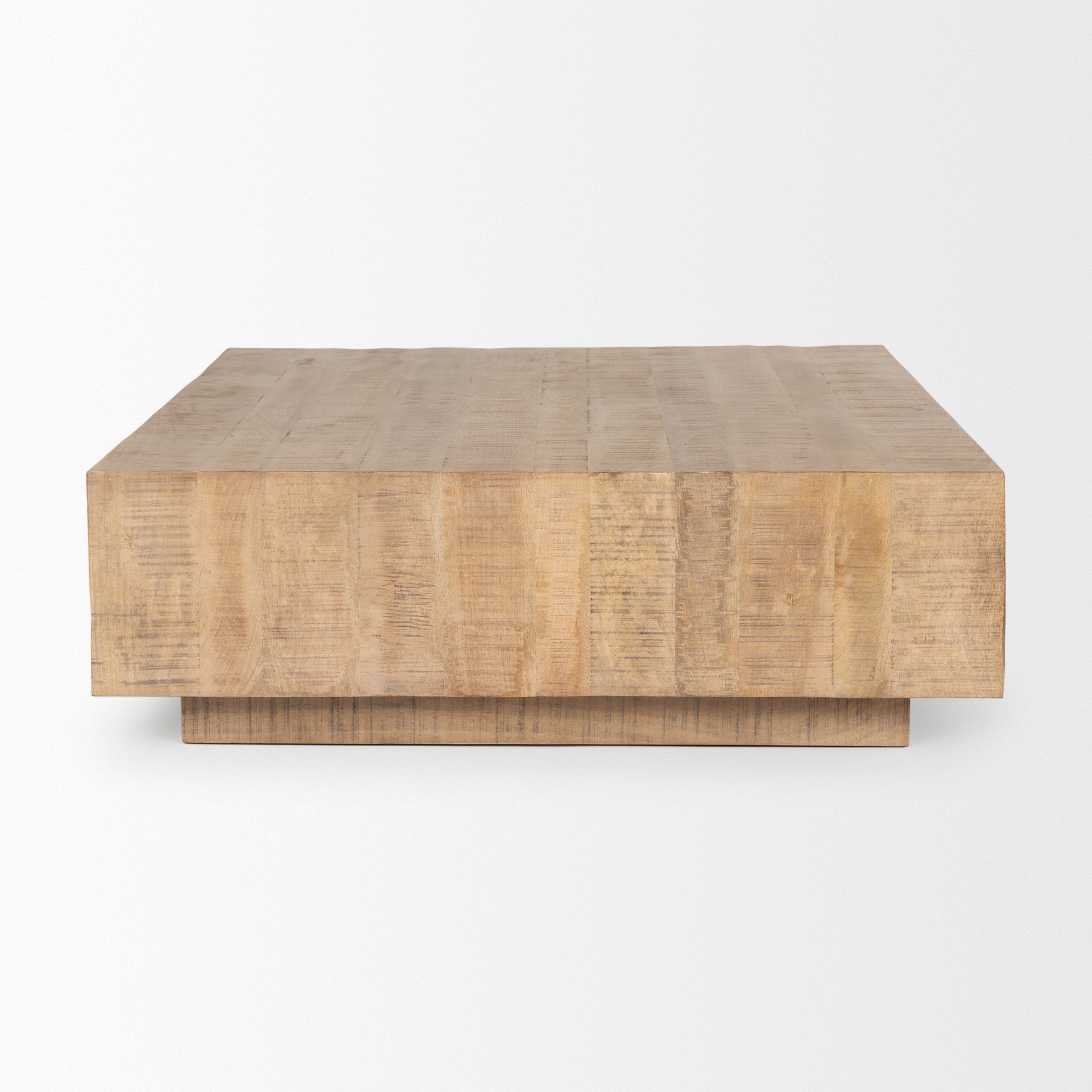Natural wood square coffee table with visible grain and flat edges