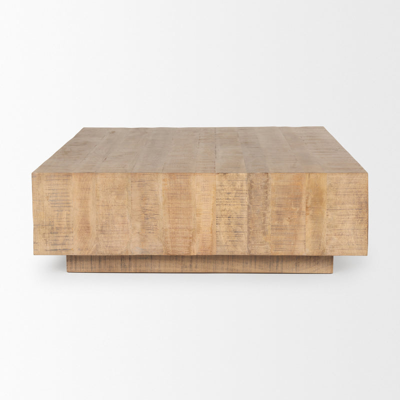 Natural wood square coffee table with visible grain and flat edges
