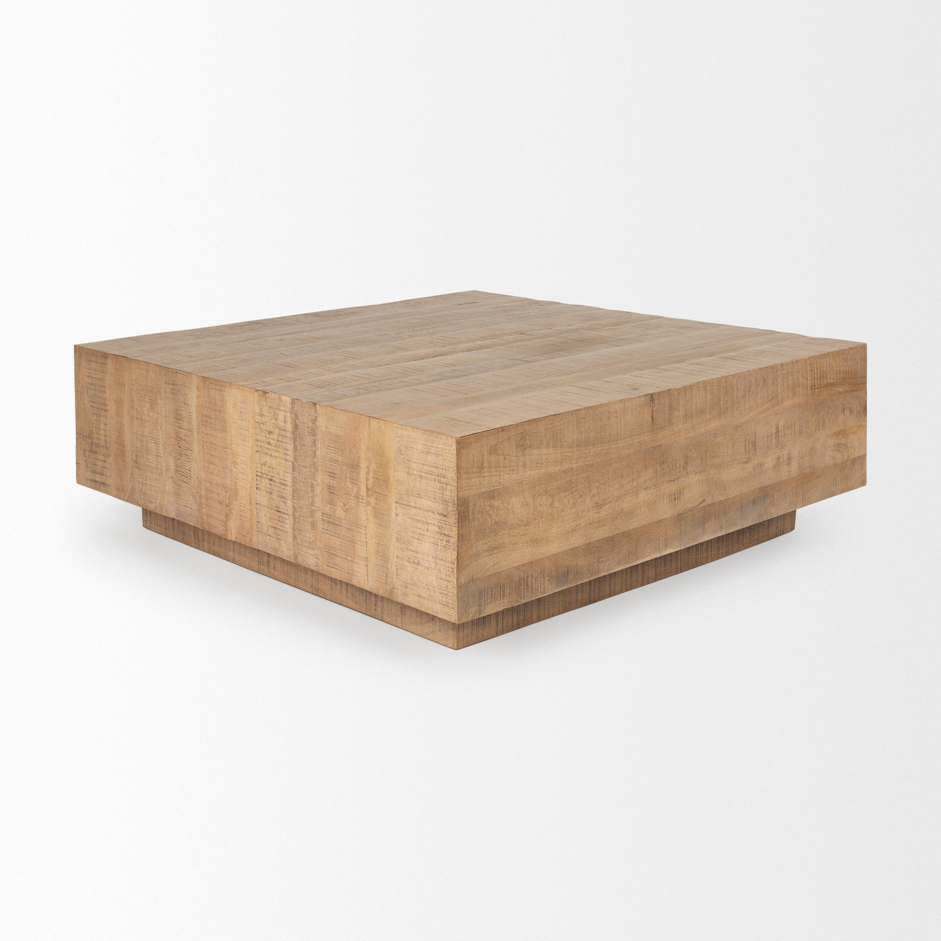 Natural wood square block coffee table with recessed low platform
