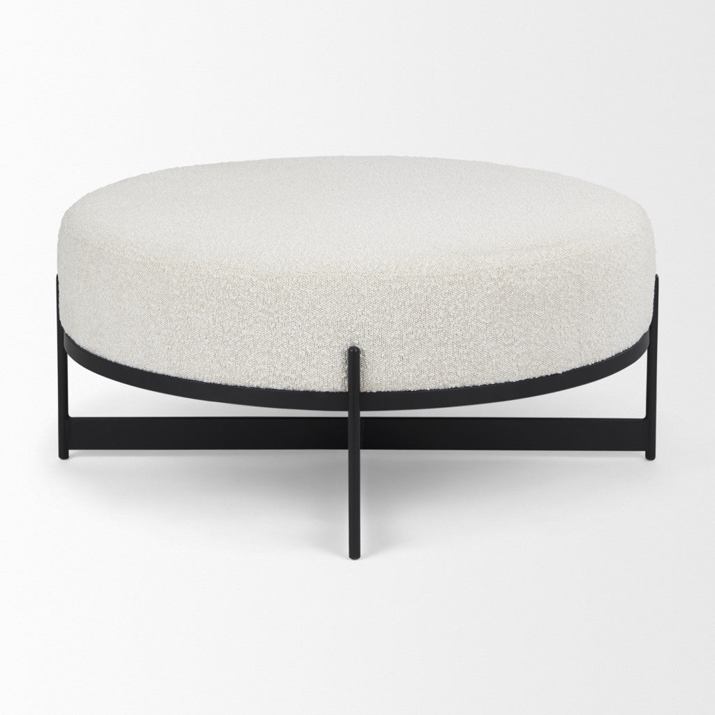 36" Cream and Black Fabric Round Pouf Ottoman - Living Room
