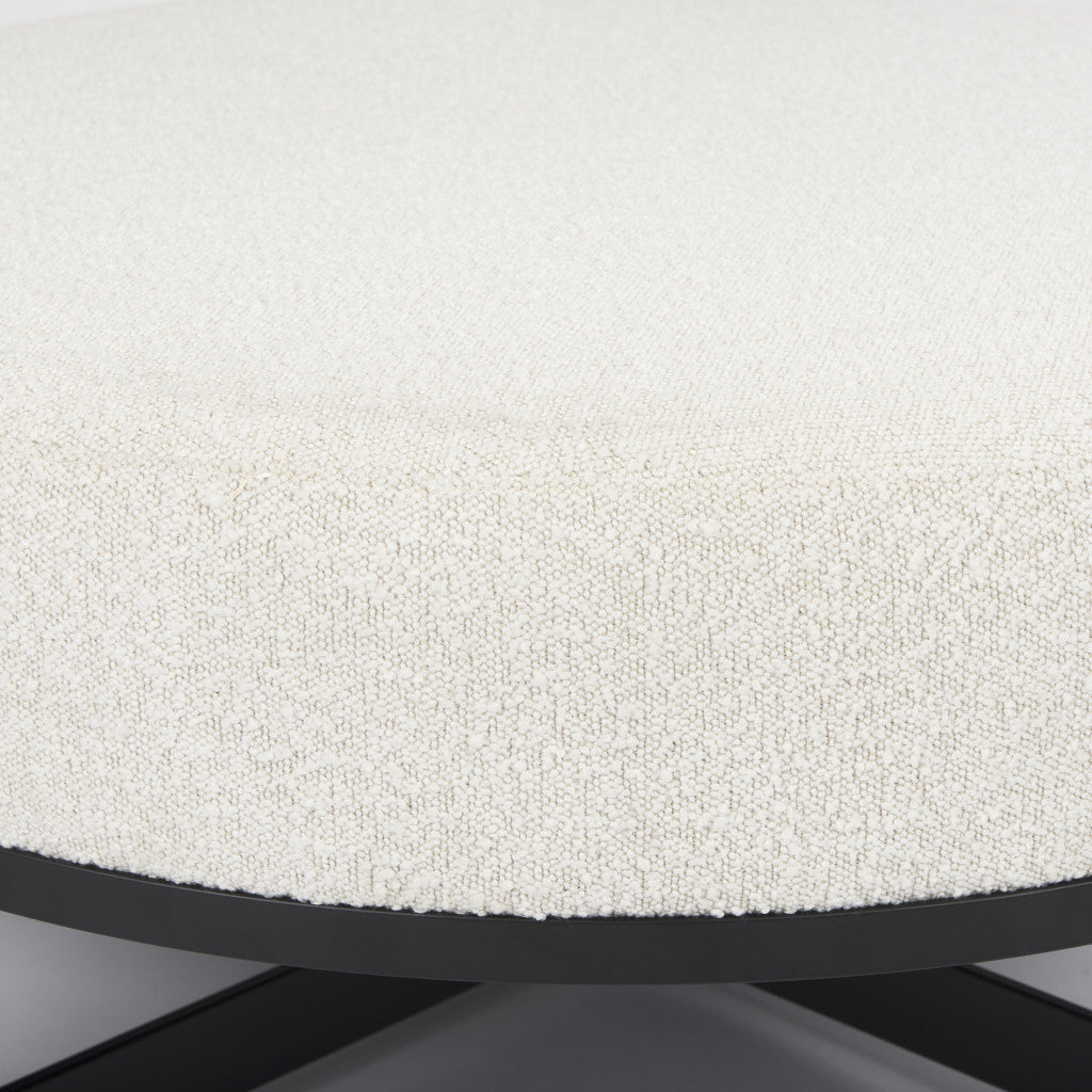 36" Cream and Black Fabric Round Pouf Ottoman - Living Room