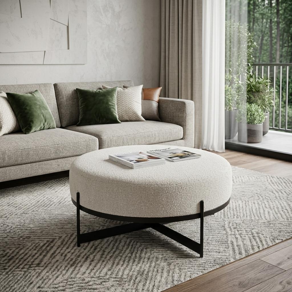 36" Cream and Black Fabric Round Pouf Ottoman - Living Room