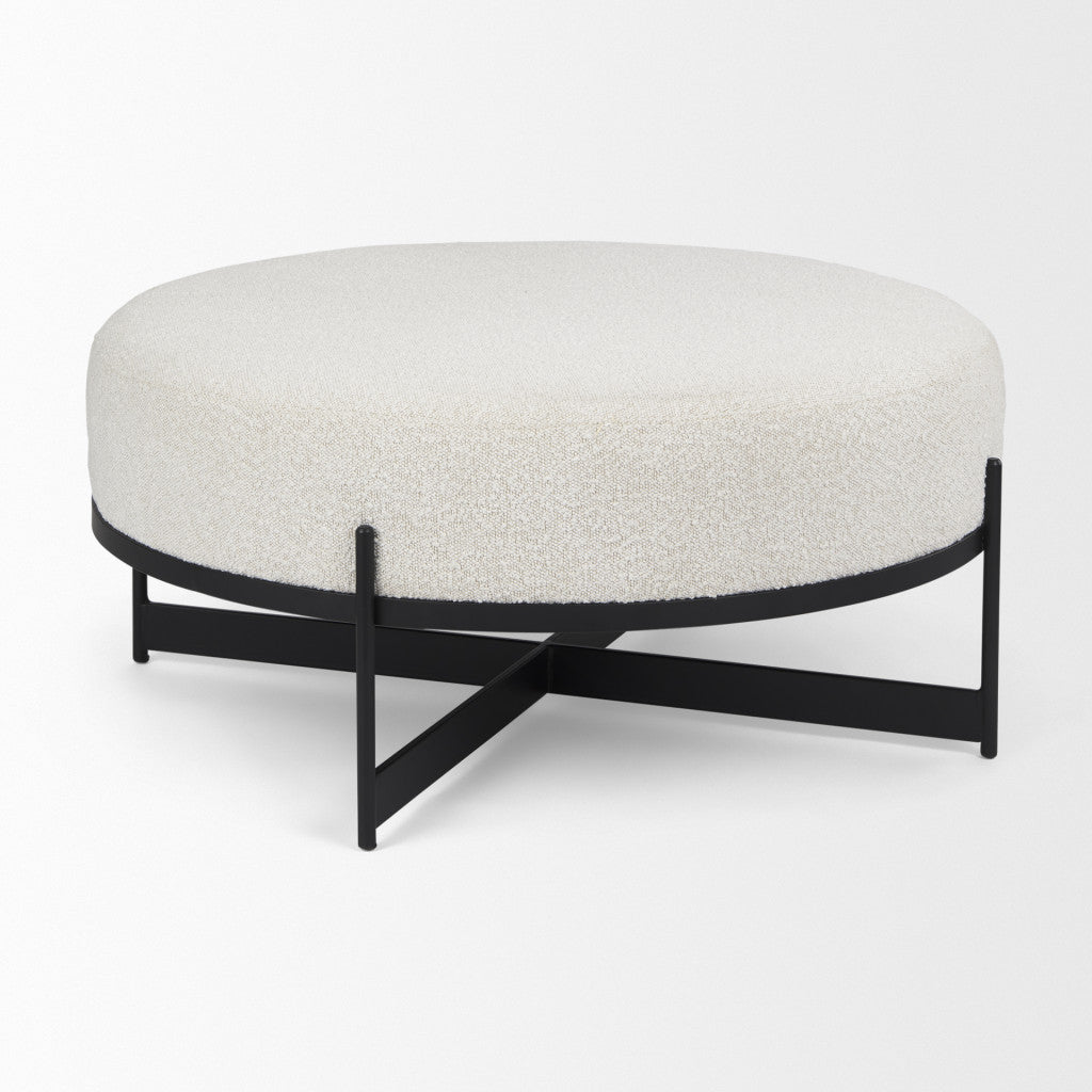 36" Cream and Black Fabric Round Pouf Ottoman - Living Room