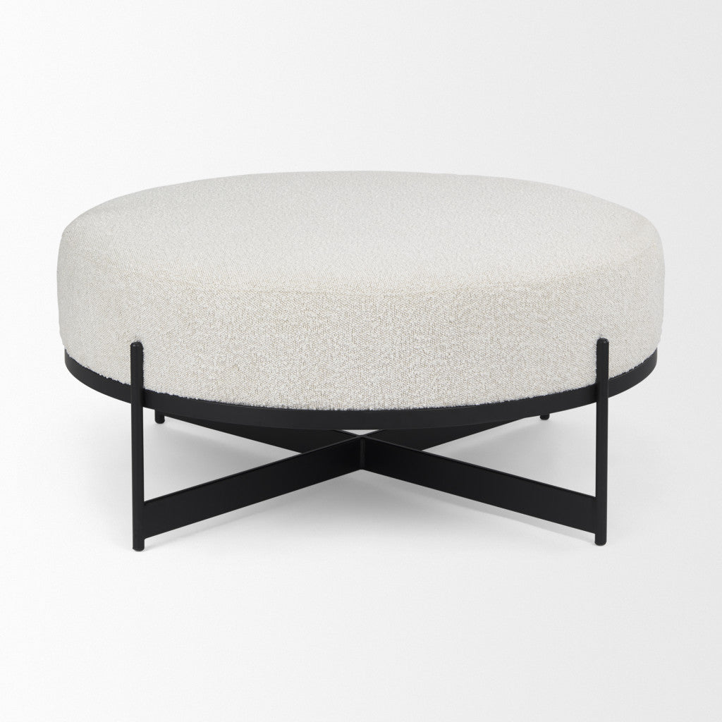 36" Cream and Black Fabric Round Pouf Ottoman - Living Room