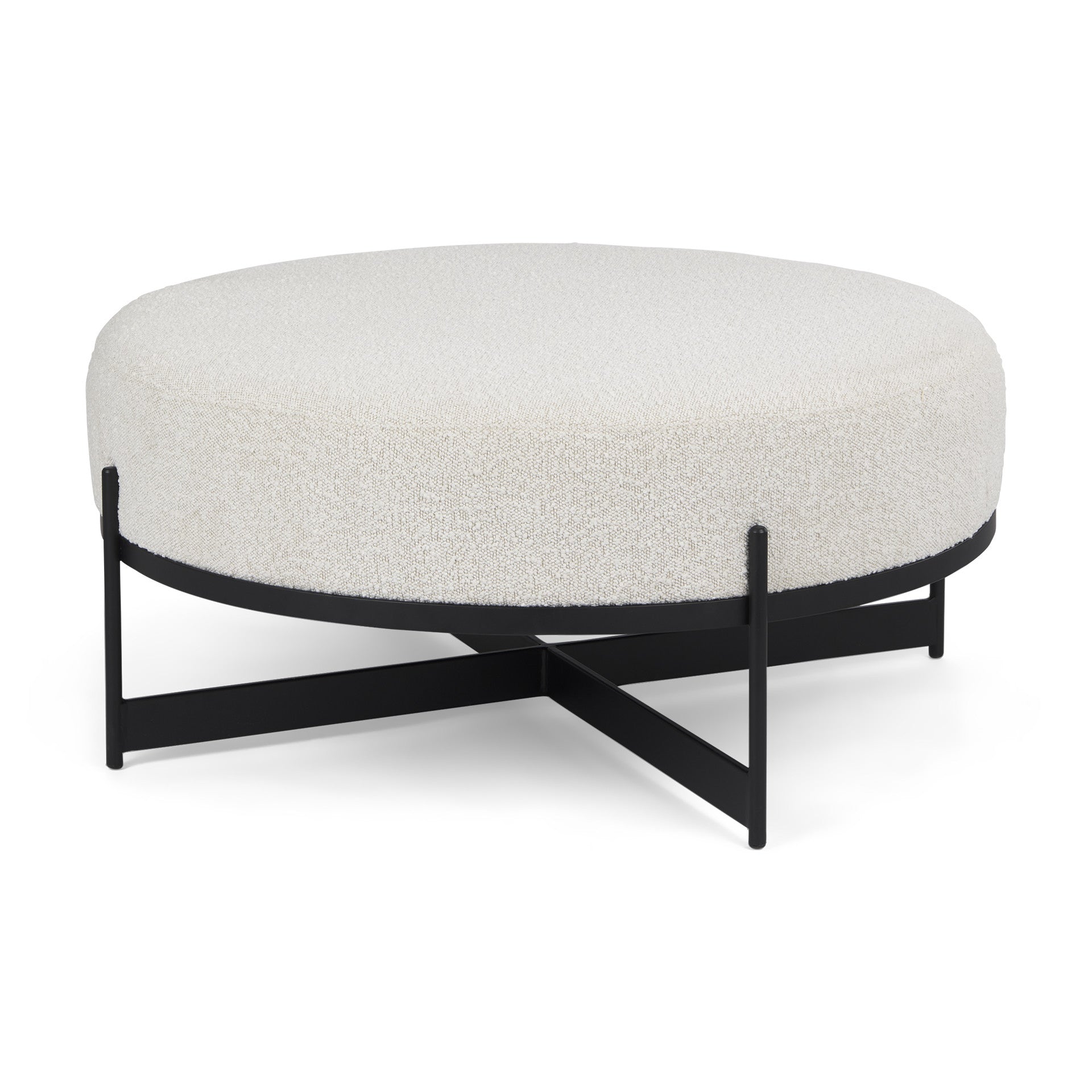 36" Cream and Black Fabric Round Pouf Ottoman - Living Room
