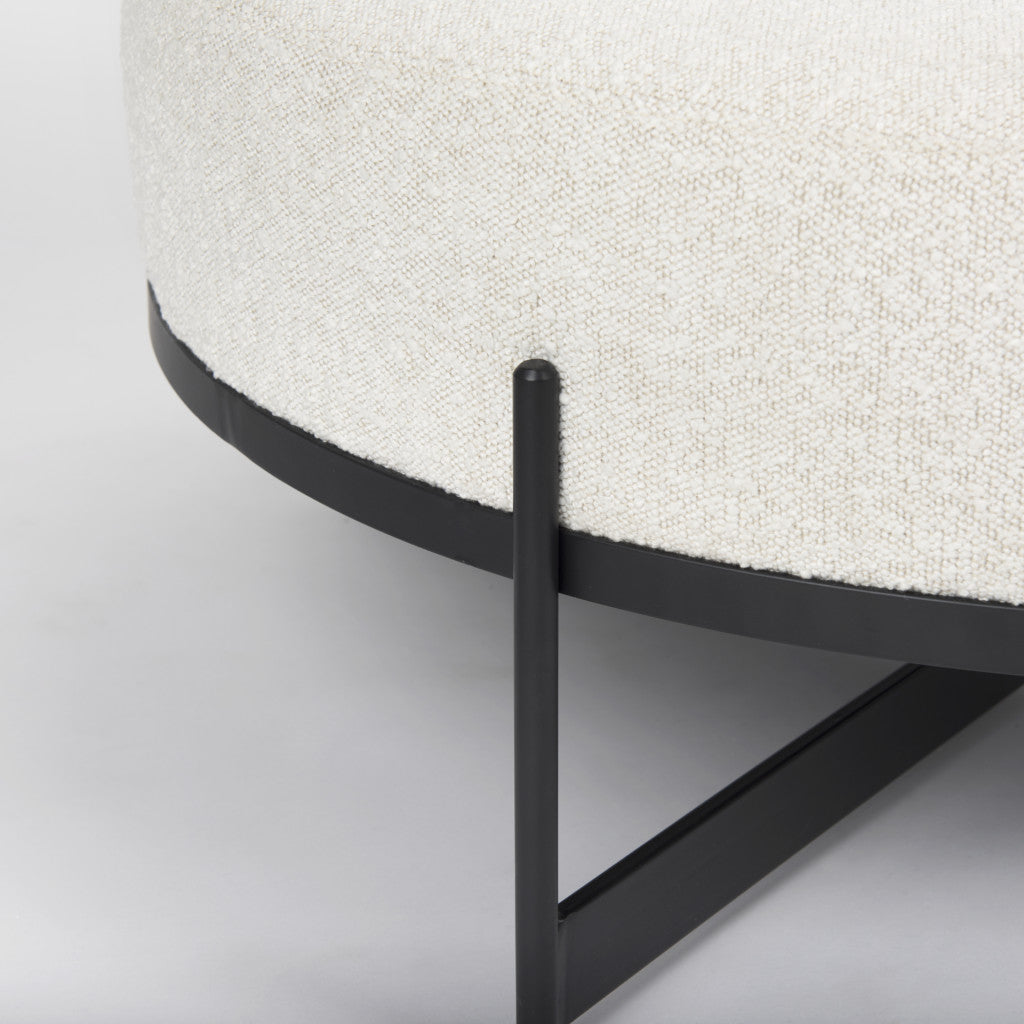 36" Cream and Black Fabric Round Pouf Ottoman - Living Room