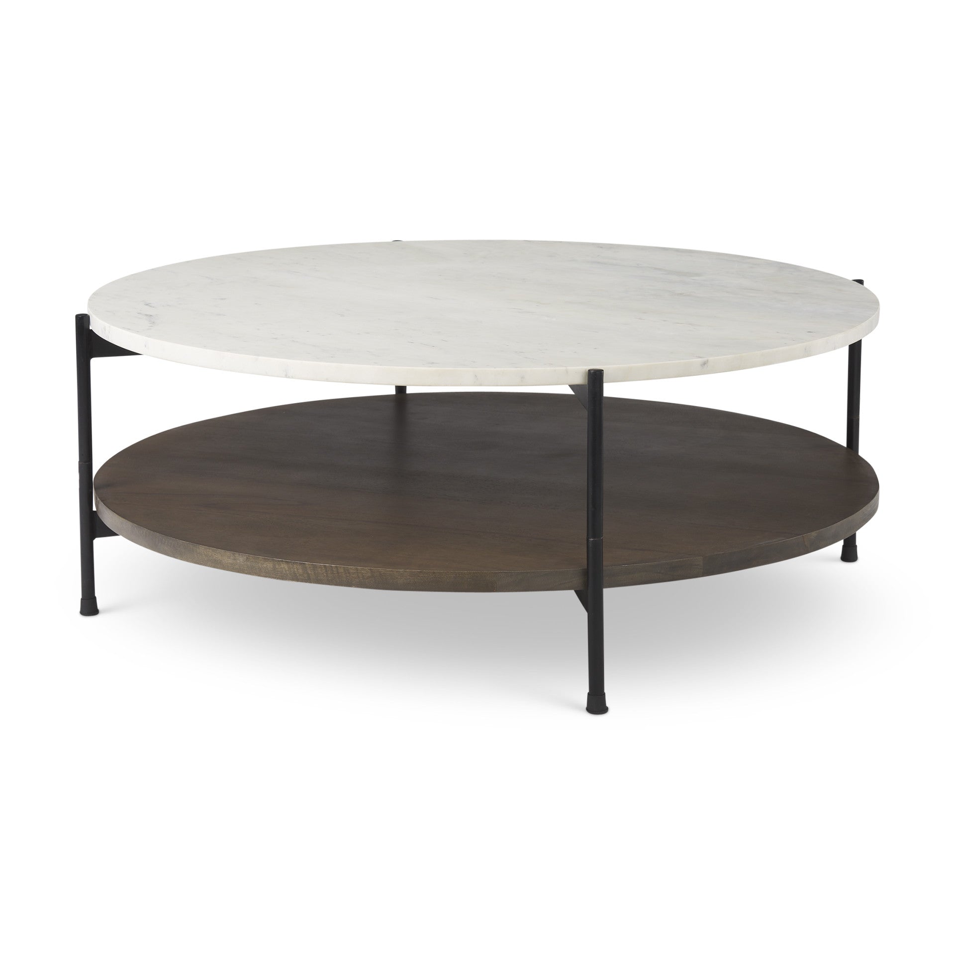 Round two-tier coffee table: white marble-look top, dark wood lower shelf, black metal legs