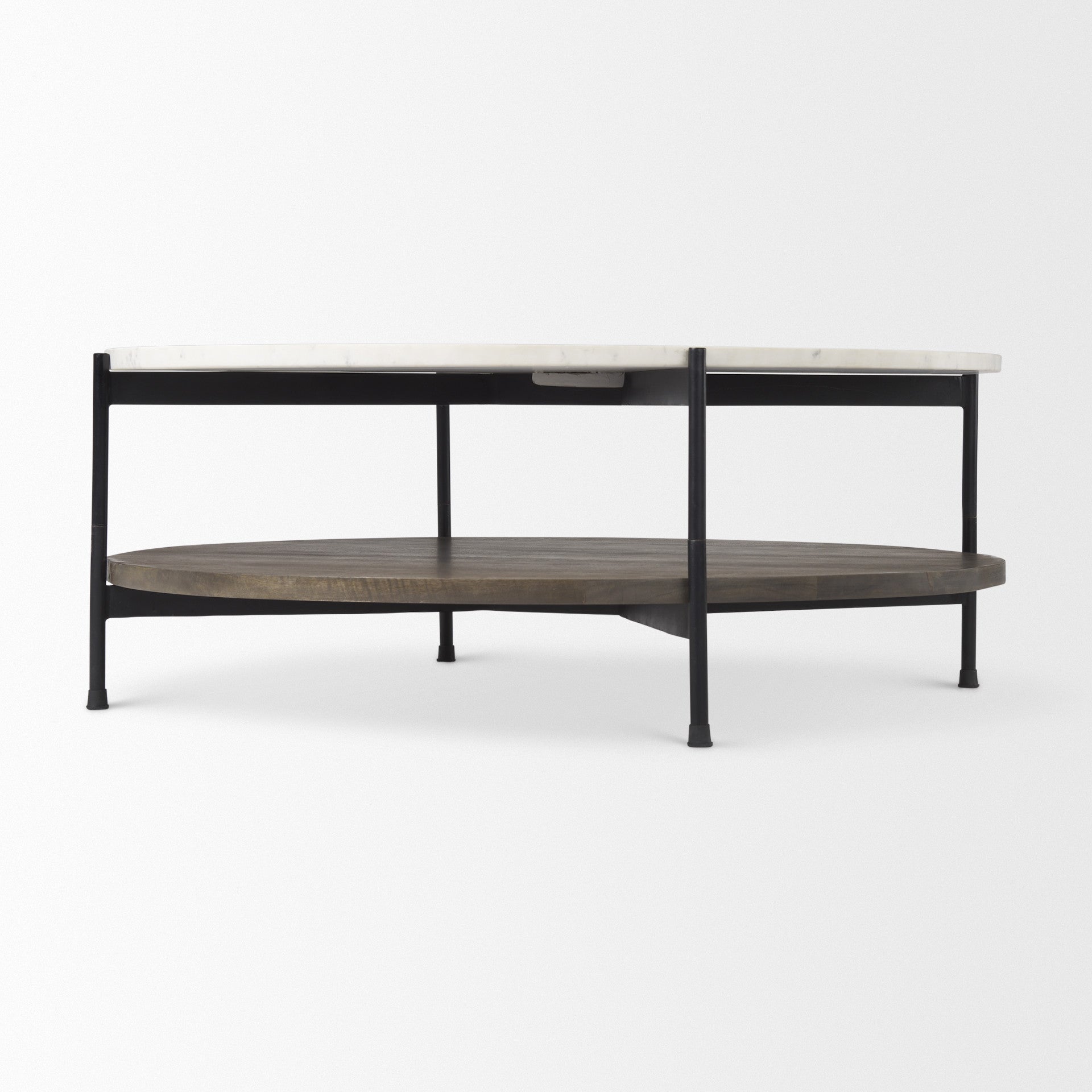 Round two-tier coffee table side view with black frame and dark wood lower shelf