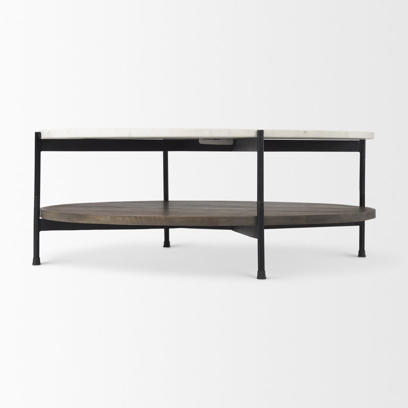 Round two-tier coffee table side view with black frame and dark wood lower shelf