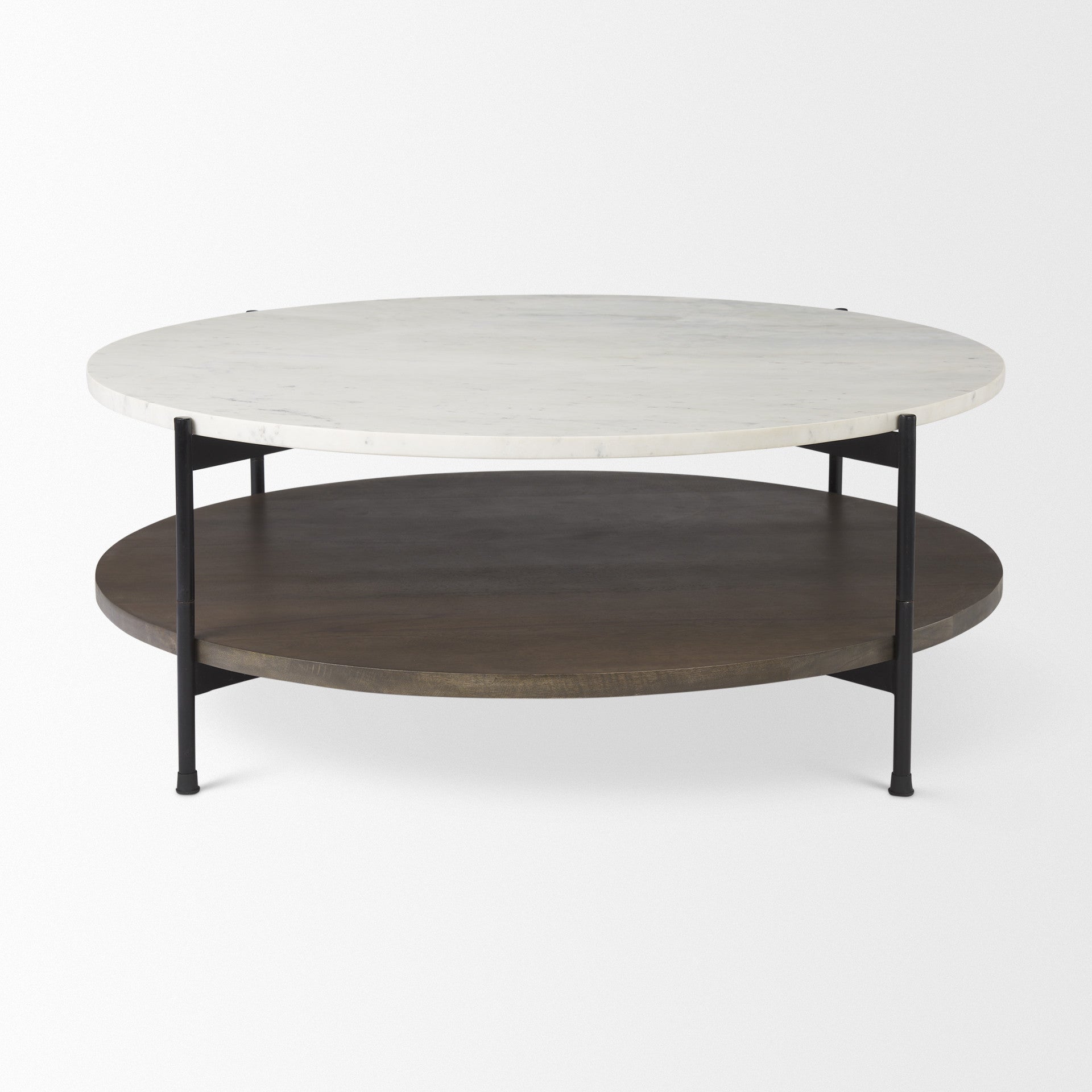 Round two-tier coffee table: white marble-look top, dark wood shelf, black metal legs