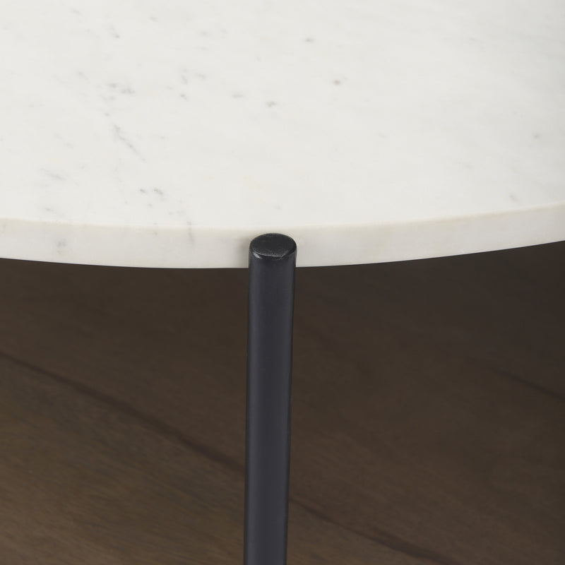 Round coffee table: black iron leg and dark wood support frame under top shelf