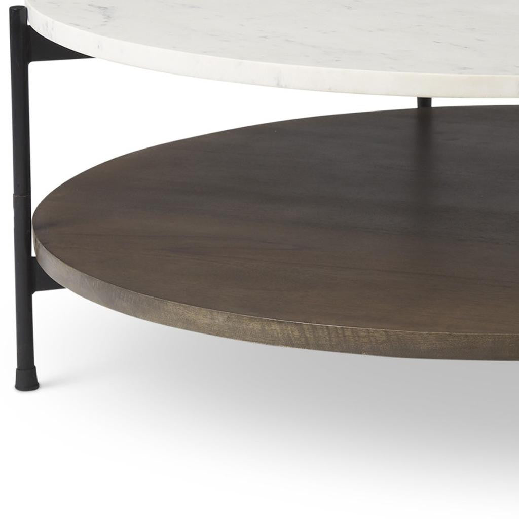Round coffee table top and edge view: white marble-look surface with dark wood base ring