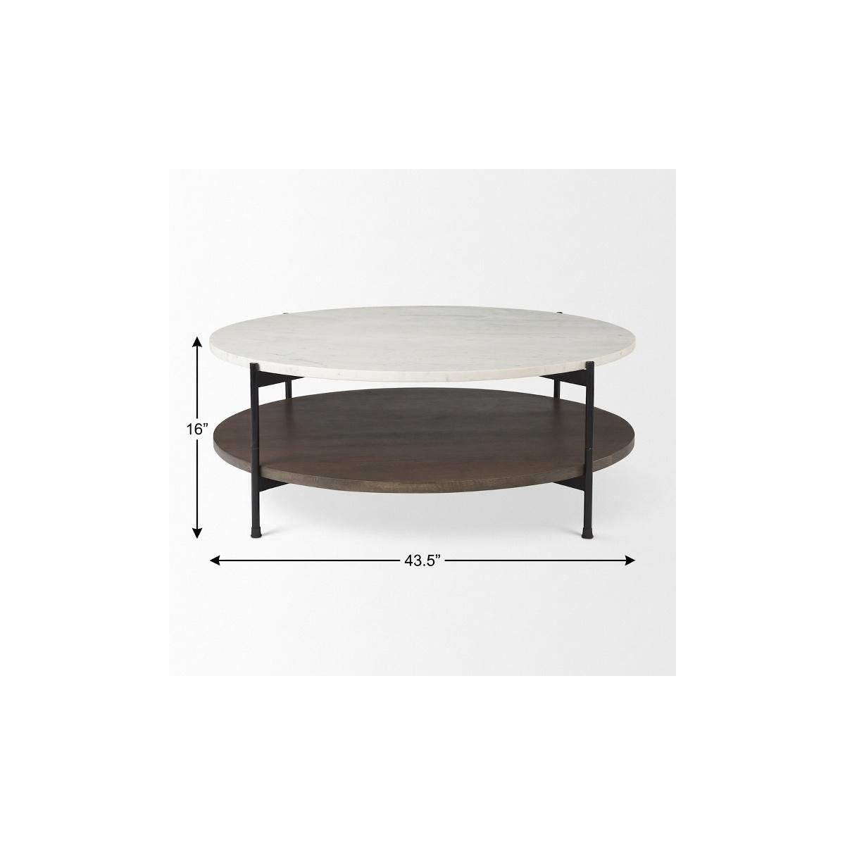 Round two-tier coffee table with white marble-look top and dark wood lower shelf; size shown
