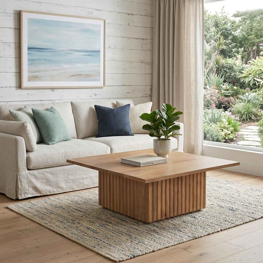 Light brown solid wood square coffee table with vertical slatted base and flat top
