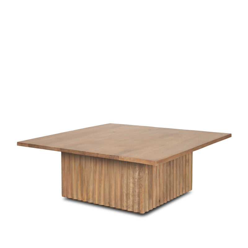 Light brown square solid wood coffee table with ribbed sides and smooth top