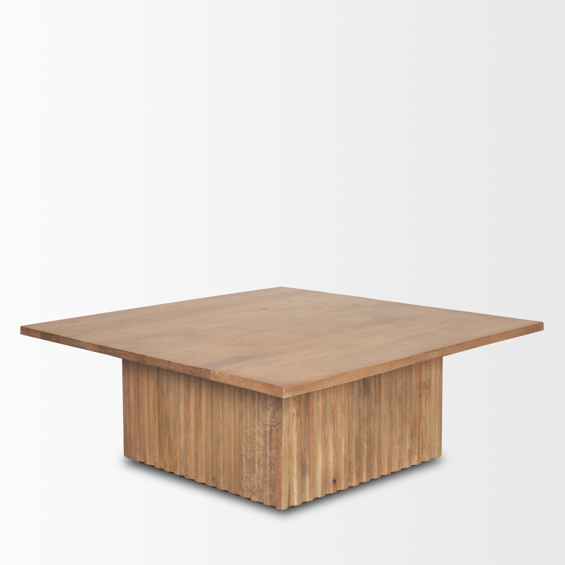 Light brown square solid wood coffee table with flat top and slatted base sides