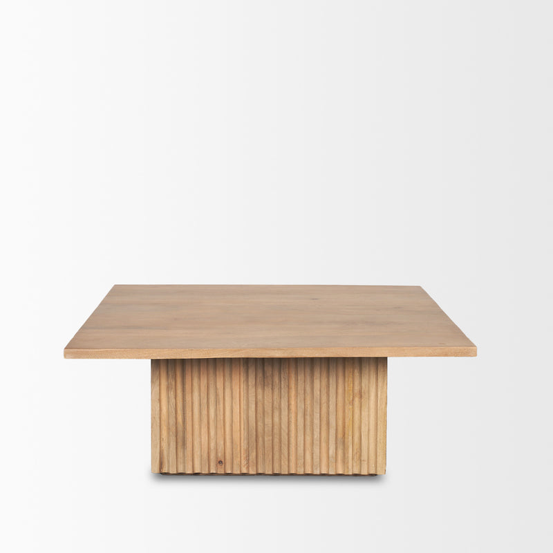 Square light brown solid wood coffee table with flat tabletop and ribbed sides
