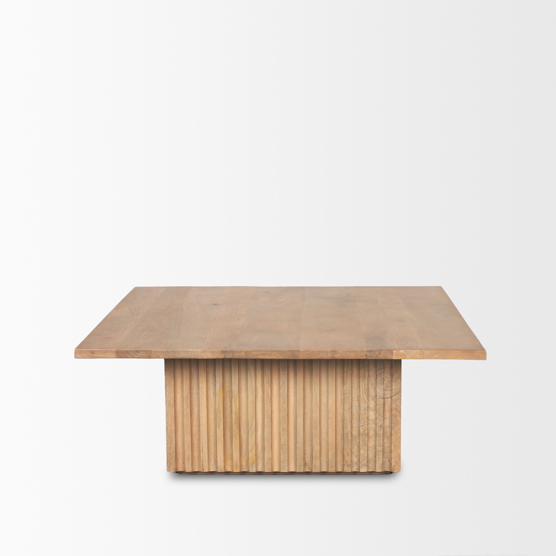 Square solid wood coffee table, light brown, shown front view with slatted apron