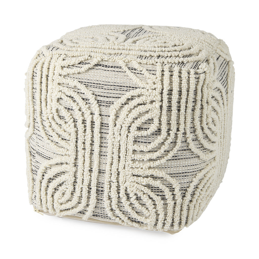16" Beige Cream and Gray Cotton and Wool Geometric Cube Pouf Ottoman - Living Room