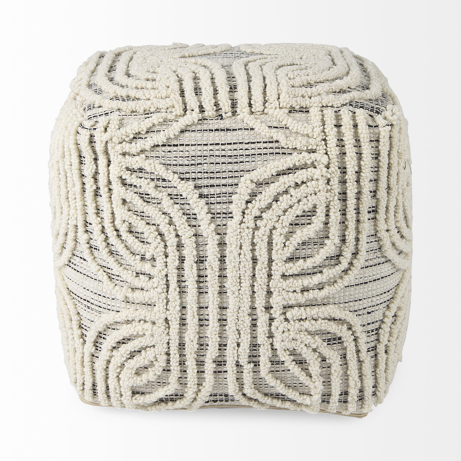 16" Beige Cream and Gray Cotton and Wool Geometric Cube Pouf Ottoman - Living Room