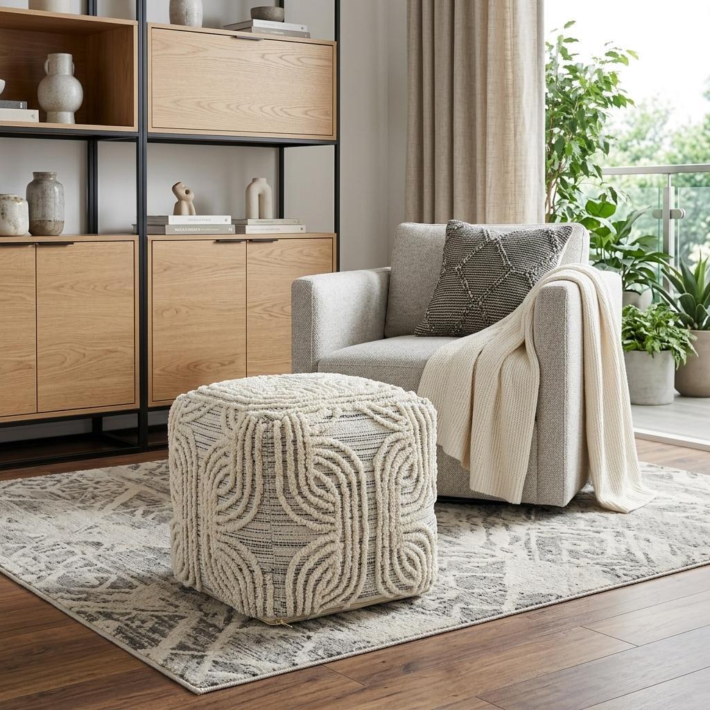 16" Beige Cream and Gray Cotton and Wool Geometric Cube Pouf Ottoman - Living Room