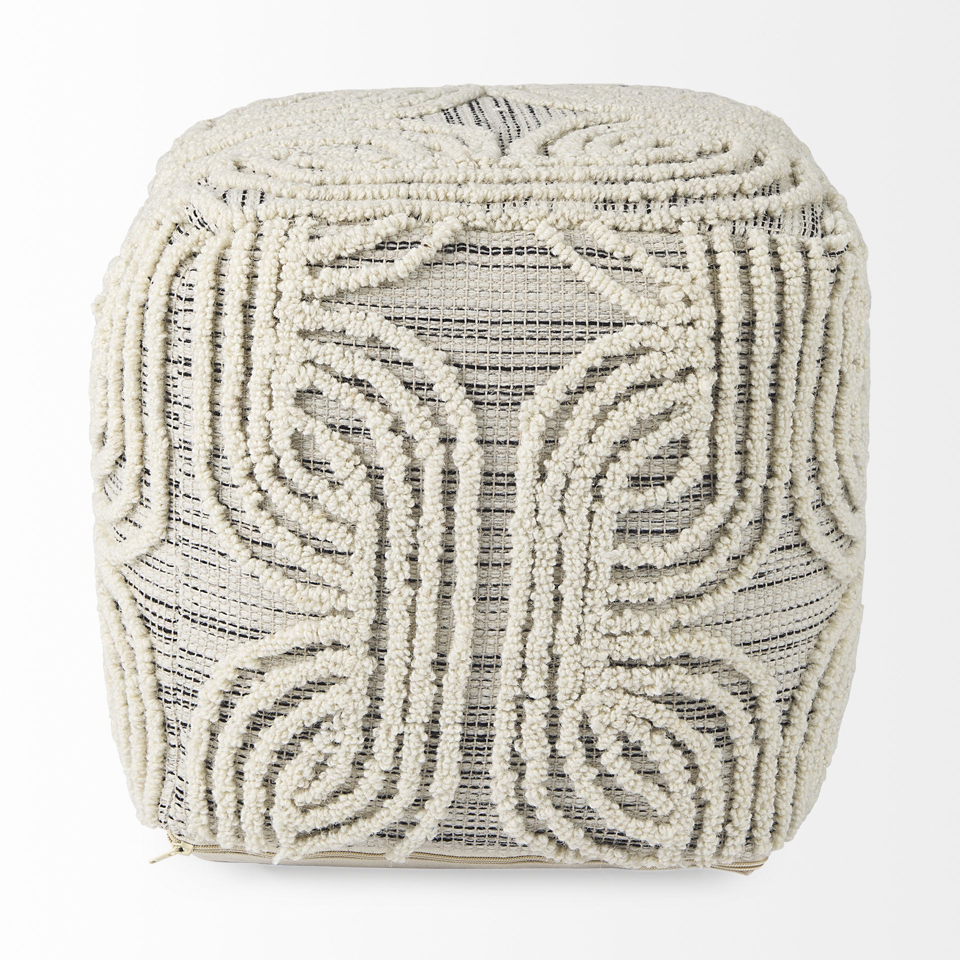16" Beige Cream and Gray Cotton and Wool Geometric Cube Pouf Ottoman - Living Room