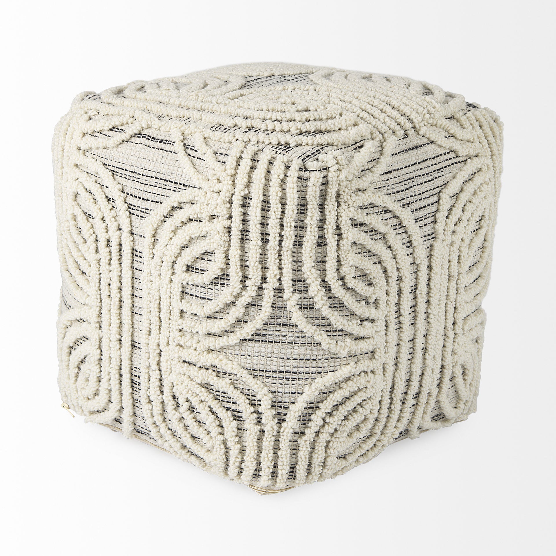 16" Beige Cream and Gray Cotton and Wool Geometric Cube Pouf Ottoman - Living Room