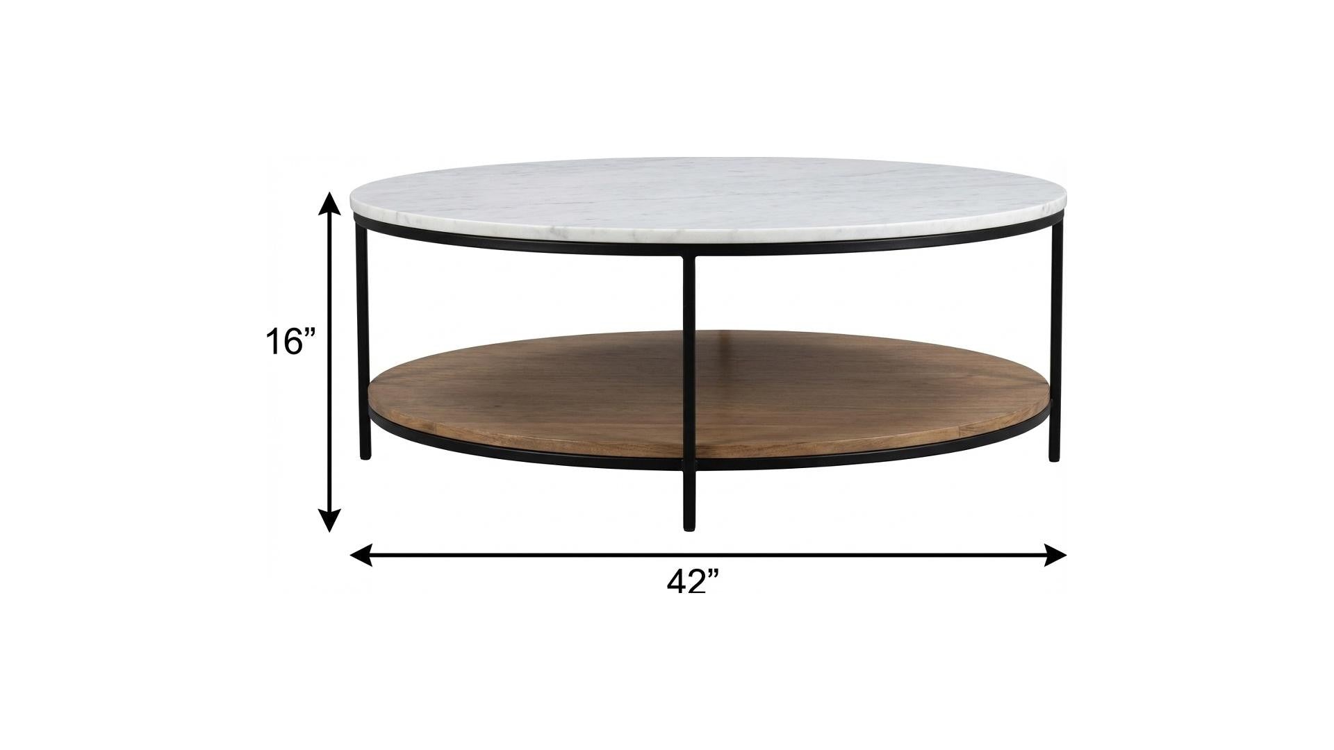 Round coffee table, 42 in wide and 16 in high, with white stone top and iron frame
