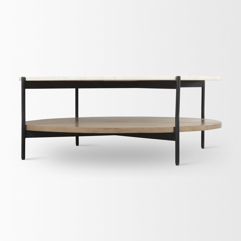 Round coffee table with white stone top, brown wood shelf, and black iron side frame