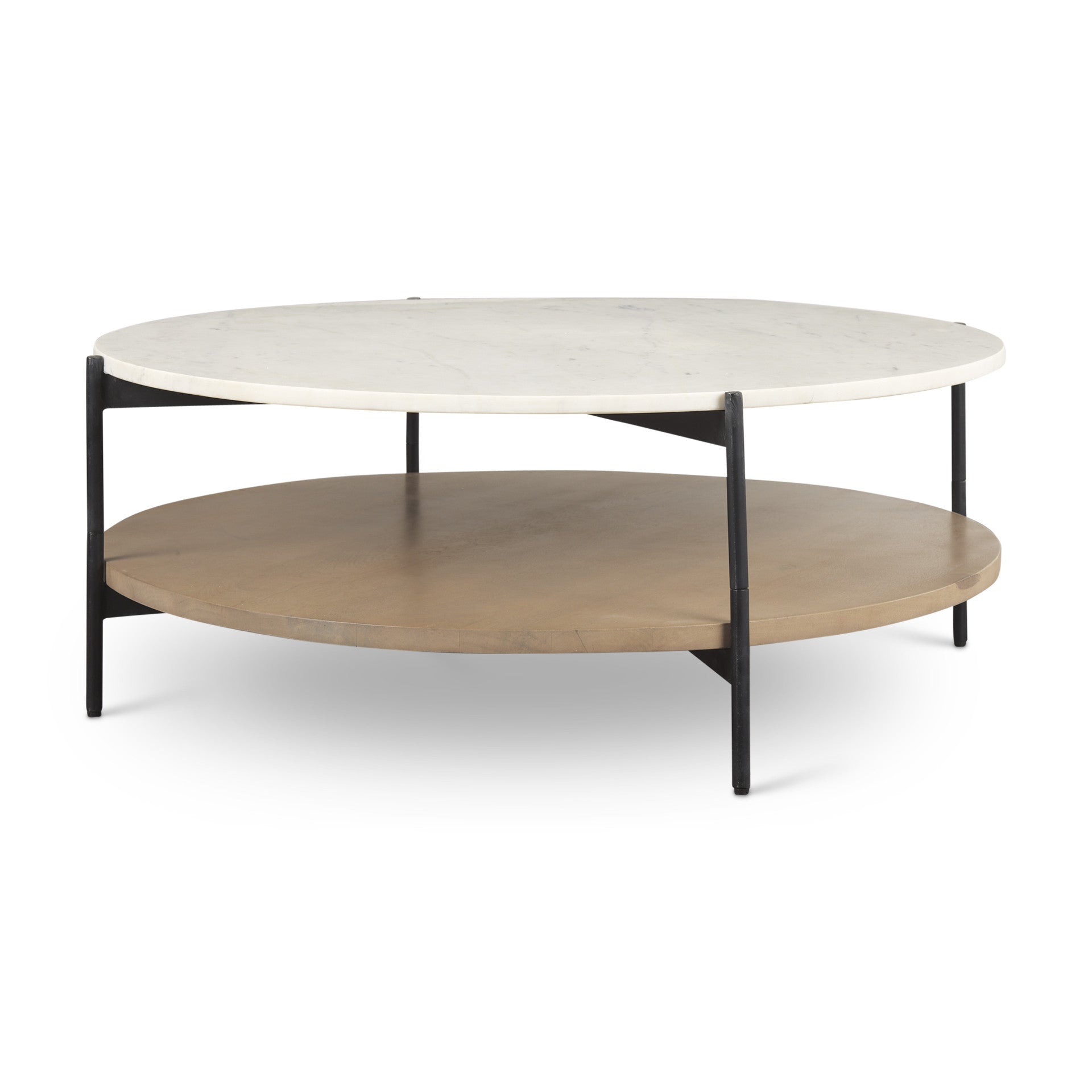 Round coffee table with white stone top and brown lower shelf, supported by black iron legs