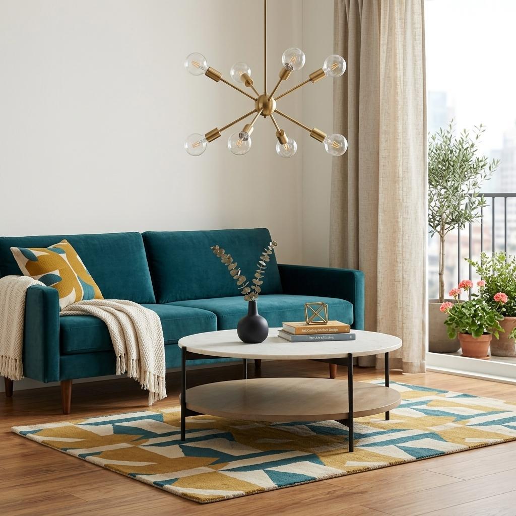 Round coffee table with white stone top, dark iron frame, and brown lower shelf
