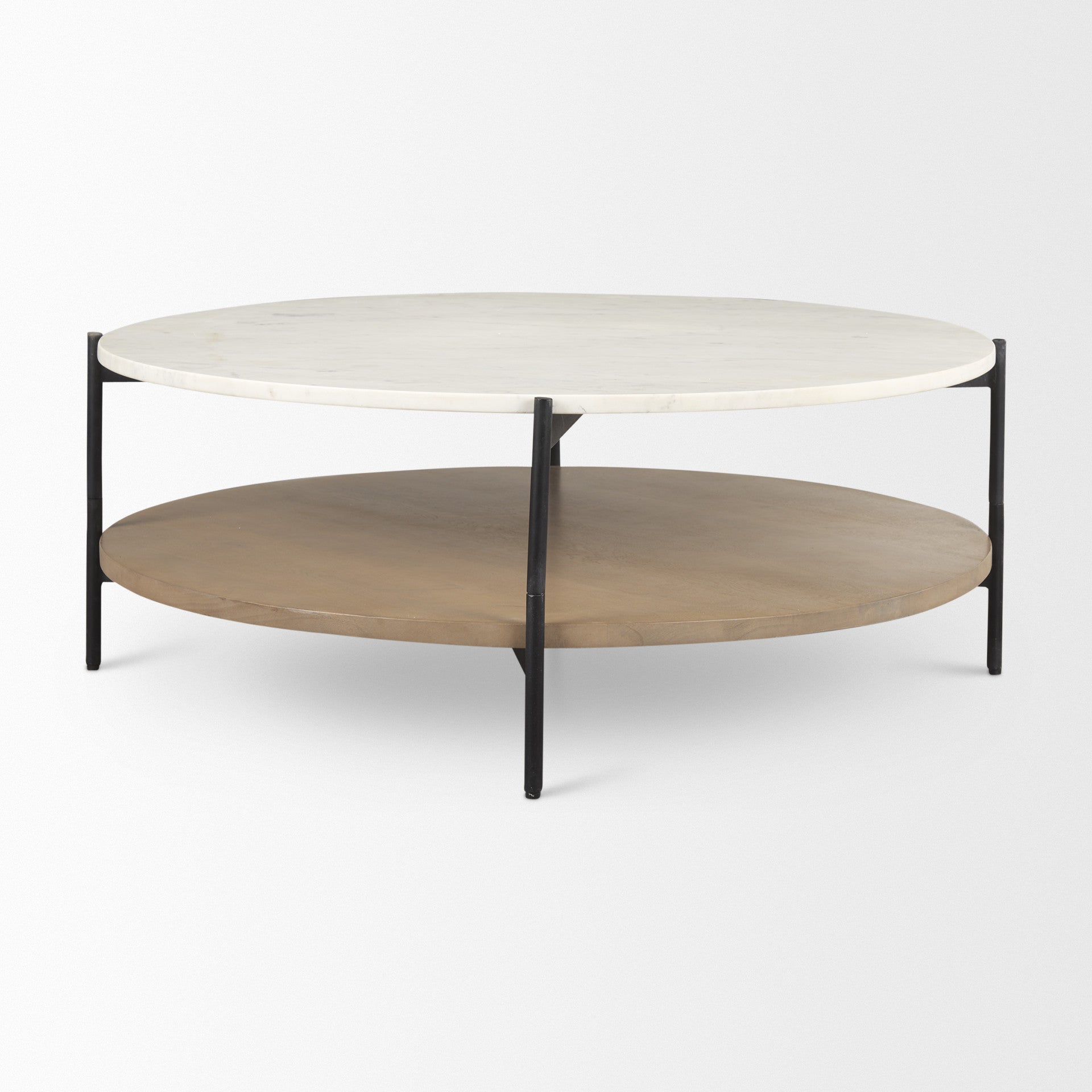 Round coffee table with white stone top, dark iron frame, and brown round lower shelf
