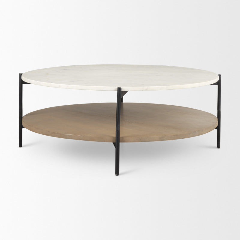 Round coffee table with white stone top, dark iron frame, and brown round lower shelf