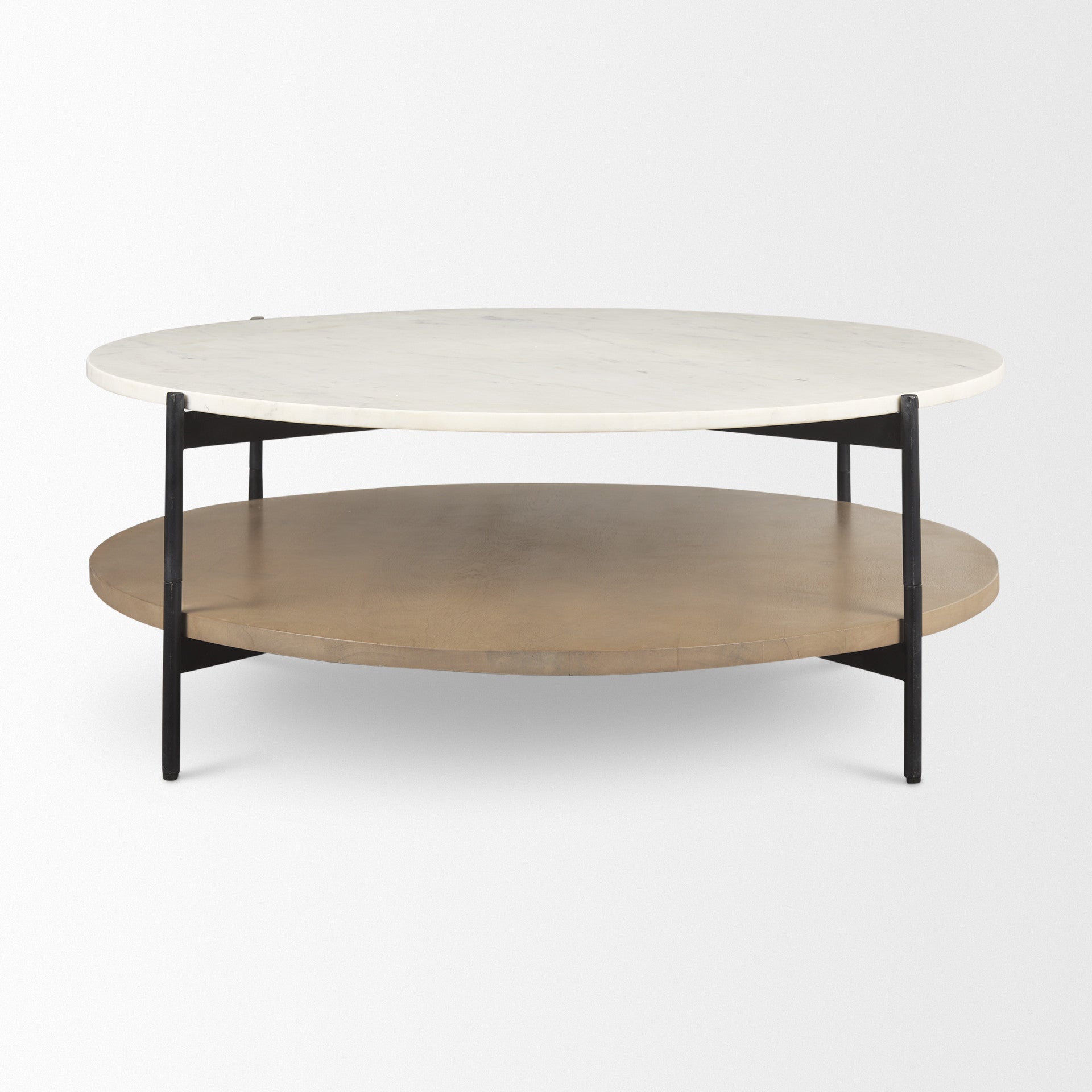 Round coffee table with white stone top and brown lower shelf, four black iron legs