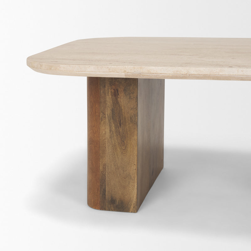 Beige stone top on solid wood pedestal with visible grain and rounded corners