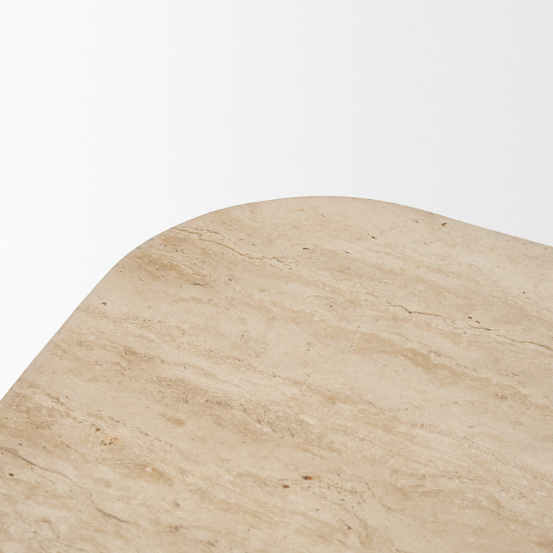 Round beige stone coffee table top with natural veining and speckled finish