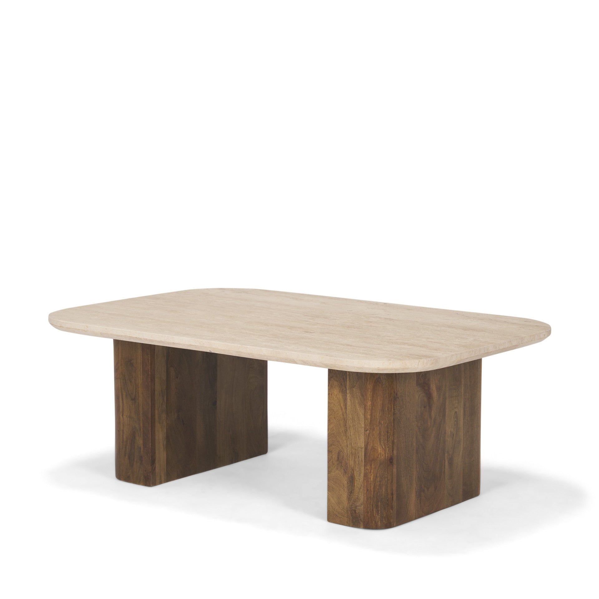 Beige stone coffee table with two pedestal blocks and rounded square edge